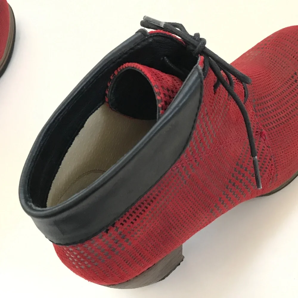 WOLKY Suede Lace-Up Booties Red Black Jacquerie Heeled Boots Women’s Size 9.5